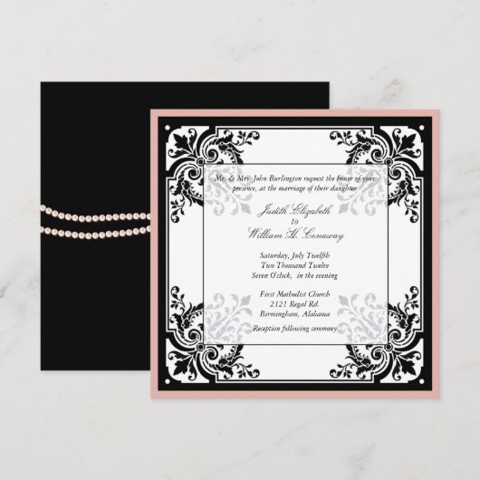De zwarte, Witte en Peach Baroque Uitnodiging van  (Voorkant / Achterkant)