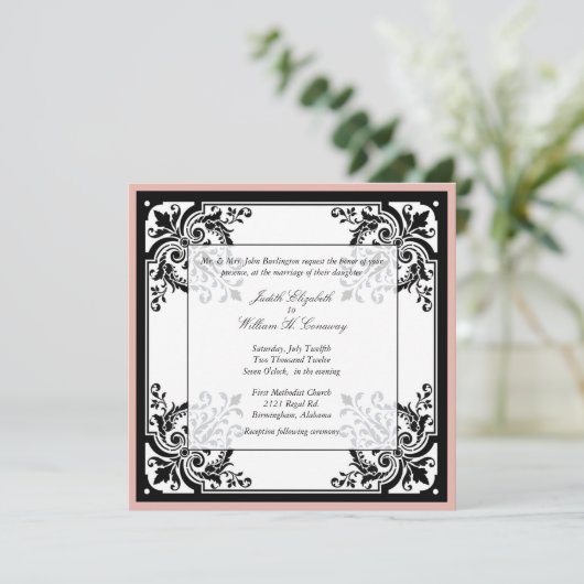 De zwarte, Witte en Peach Baroque Uitnodiging van  (Staand voorkant)