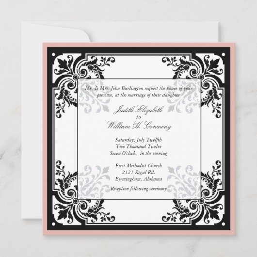 De zwarte, Witte en Peach Baroque Uitnodiging van  (Voorkant)