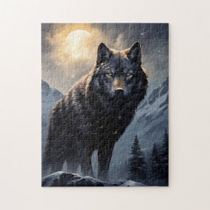 De zwarte wolf in de besneeuwde bergen legpuzzel