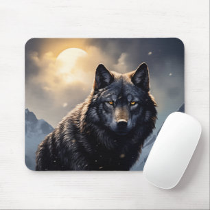 De zwarte wolf in de besneeuwde bergen muismat