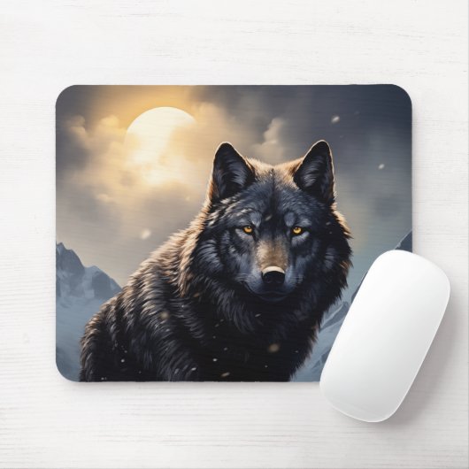 De zwarte wolf in de besneeuwde bergen muismat (Met muis)