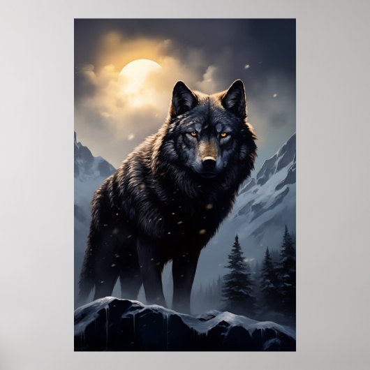 De zwarte wolf in de besneeuwde bergen poster (Voorkant)