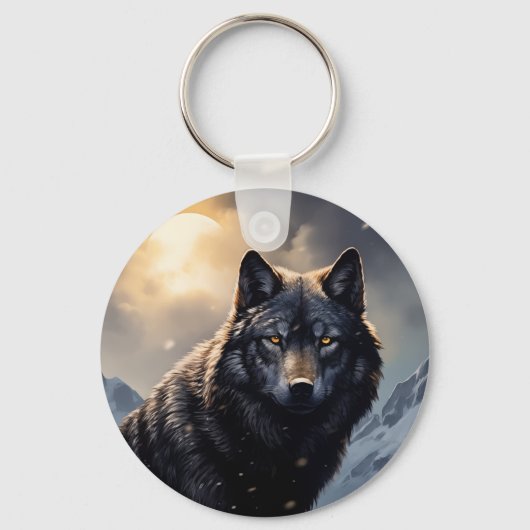 De zwarte wolf in de besneeuwde bergen sleutelhanger (Voorkant)
