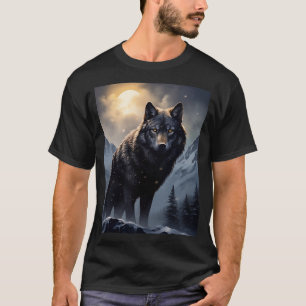 De zwarte wolf in de besneeuwde bergen t-shirt