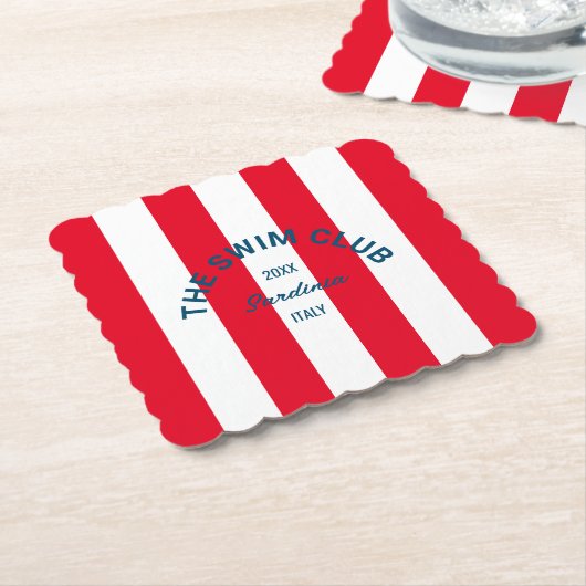 De zwemclub Crest Red Cabana Stripe Kartonnen Onderzetters (Gebogen)