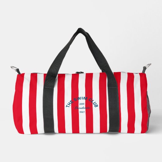 De zwemclub Crest Red Cabana Stripe Monogram Plunjezak (Voorkant)