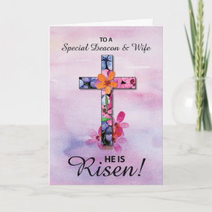 Deacon en vrouw Pasen Hij is Risen Cross Flowers Kaart