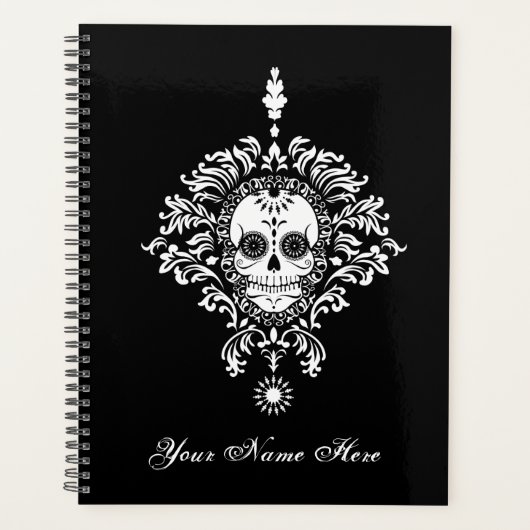 Dead Damask Chic Sugar Skull White op zwart Planner (Voorkant)