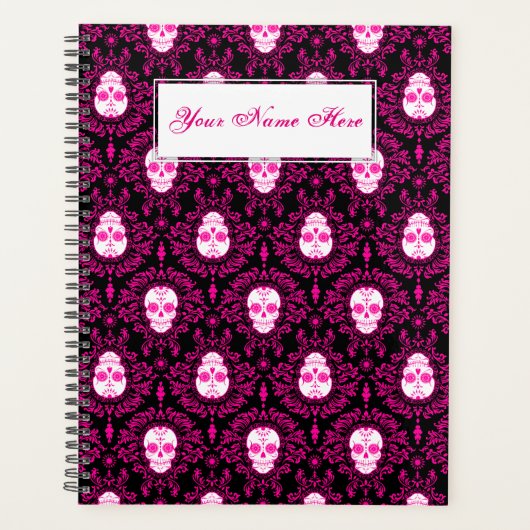 Dead Damask Chic Sugar Skulls Roze op Black Planner (Voorkant)