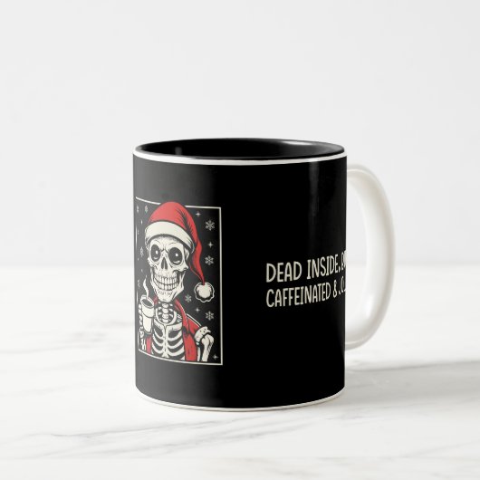 Dead Inside But Cafeïnehoudende & Jolly Skeleton Tweekleurige Koffiemok (Voorkant rechts)
