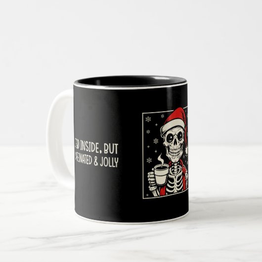 Dead Inside But Cafeïnehoudende & Jolly Skeleton Tweekleurige Koffiemok (Voorkant links)