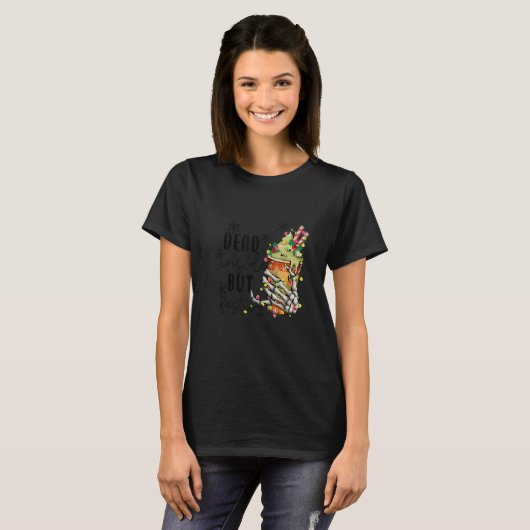 Dead Inside But Jolly AF Skeleton Drinking Coffee T-shirt (Voorkant volledig)