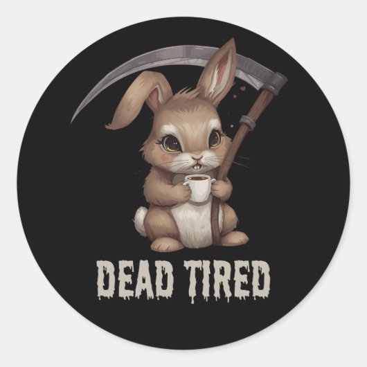 Dead Tired Cute Bunny Grim Reaper Coffee Ronde Sticker (Voorkant)