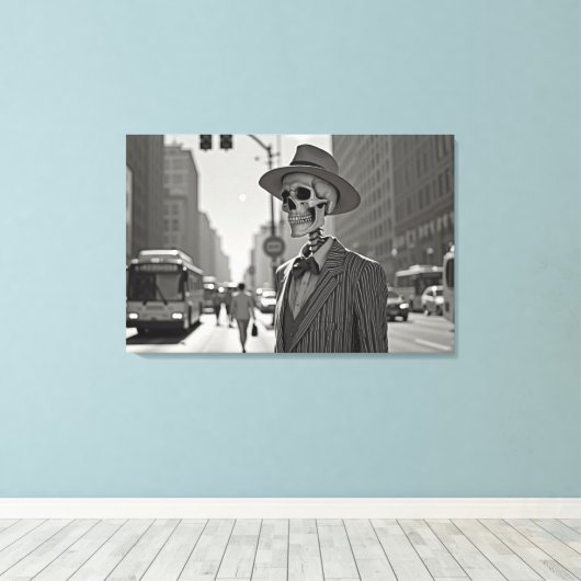 Deadly Dapper: Skelet in de stad Canvas Afdruk (Insitu (Houten vloer))