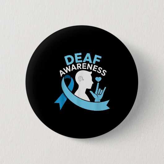 Deaf Awareness Month Blue Ribbon ASL Cochlear IMPL Ronde Button 5,7 Cm (Voorkant)