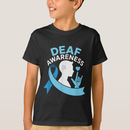 Deaf Awareness Month Blue Ribbon ASL Cochlear IMPL T-shirt (Voorkant)