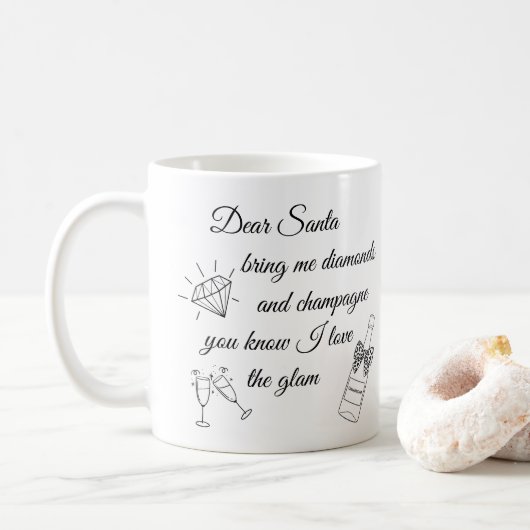 Dear Santa Champagne & Diamonds Line Art Design Koffiemok (Met donut)