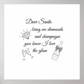 Dear Santa Champagne & Diamonds Line Art Design Poster (Voorkant)