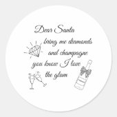 Dear Santa Champagne & Diamonds Line Art Design Ronde Sticker (Voorkant)