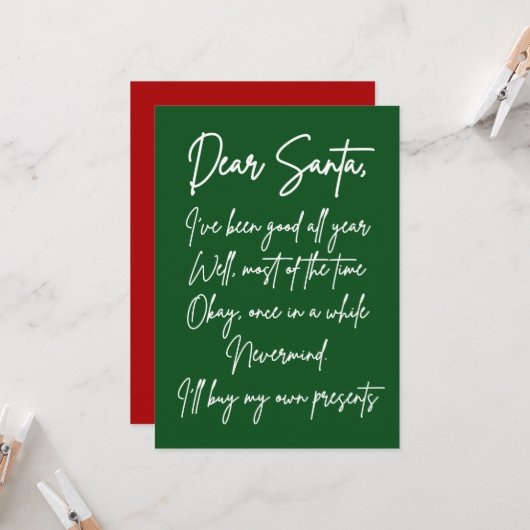Dear Santa I'll buy my own stuff Funny Christmas Kaart (Voorkant / Achterkant in situ)