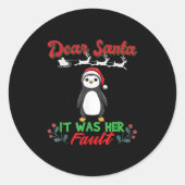 Dear Santa It Was Her Fault Siblings Matching Xmas Ronde Sticker (Voorkant)