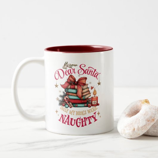 Dear Santa, Only My Books Were Naughty  Tweekleurige Koffiemok (Met donut)