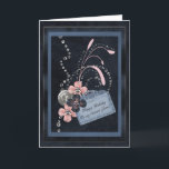 Dearest Friend Birthday Kaart<br><div class="desc">Een donkerblauwe troebele achtergrond,  een elegant lijst,  een aantal glitterzwammen en decoraties,   bloemen en een zilveren knop,  en een bleek blauw papieren label vormen dit unieke,  aanpasbare wenskaart voor de verjaardag van je beste vriend.</div>