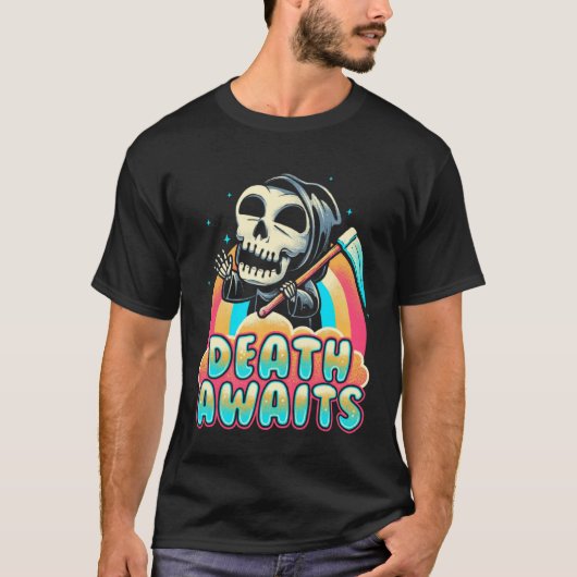 Death Awaits Grim Reaper Scythe Rainbow T-shirt (Voorkant)