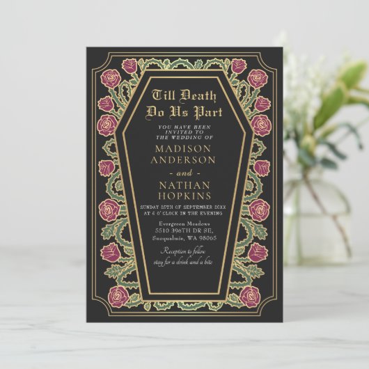 Death Do Us Part Gold Black Gothic Wedding QR-code Kaart (Staand voorkant)