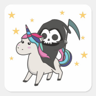 Death Riding Unicorn Funny Unicorns Rainbow Vierkante Sticker