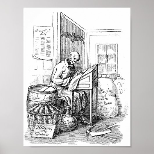 Death Skeleton Writing List Macabre Horror Art Poster (Voorkant)