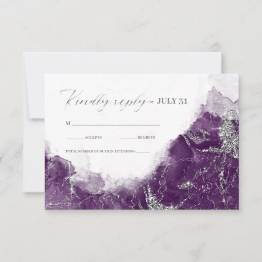 Debbie U-W Marmer Glitter Bruiloft Pruim Slvr ID64 RSVP Kaartje (Voorkant)