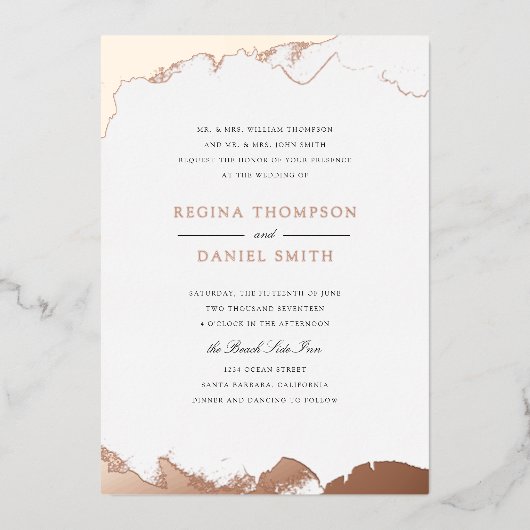 Debonair Weddenschap in Roos Gold Folie Uitnodiging (Voorkant)