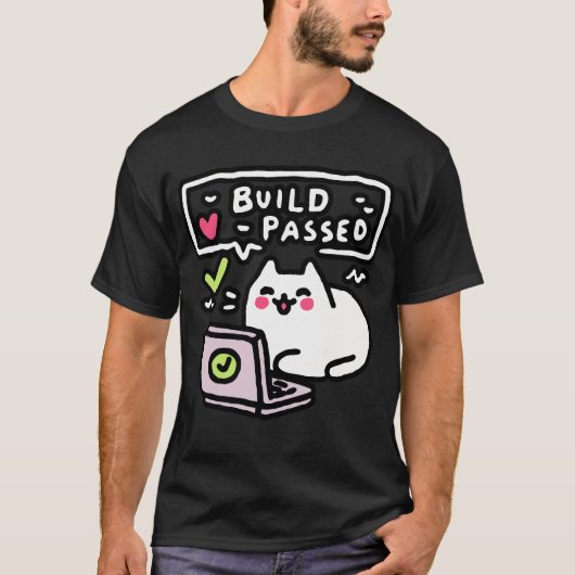 Debug Cat T-shirt – "Build Geslaagd" Grafisch voor (Voorkant)