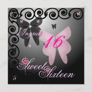 Debutant Butterfly Sweet Sixteen Roze/Zwart Invit. Kaart