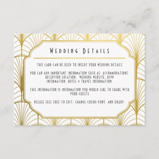 Decadence Golden Art Deco Uitnodiging Informatiekaartje (Voorkant)