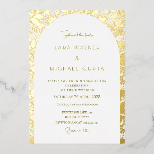 Decadente boog goud verijdelde bruiloft uitnodigin folie uitnodiging (Voorkant)