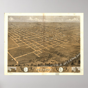 Decatur Illinois 1869 Antiek Panoramic Map Poster
