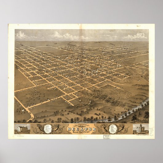 Decatur Illinois 1869 Antiek Panoramic Map Poster (Voorkant)