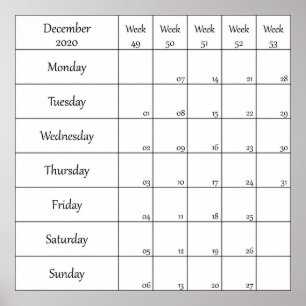 december 2020 planner kalender met weeknummer poster