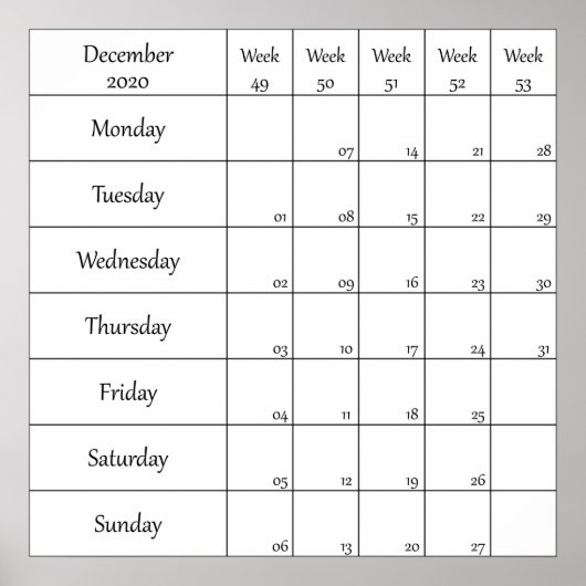 December 2020 plannerkalender met weeknummer poster (Voorkant)