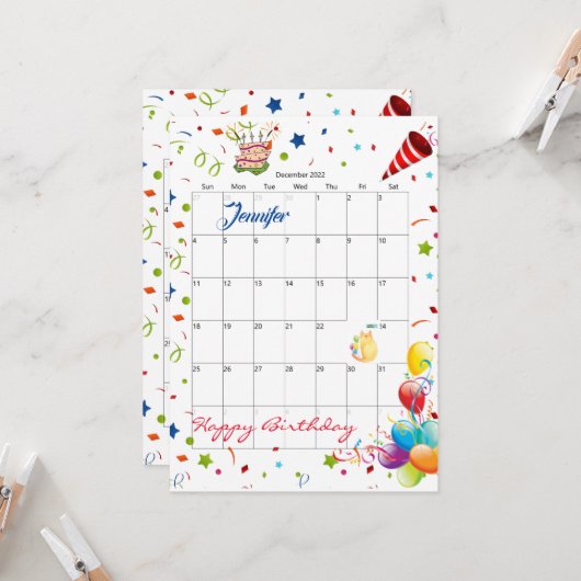 December 2022 Kalender Gelukkige Verjaardag Uitnod Kaart (Voorkant / Achterkant in situ)