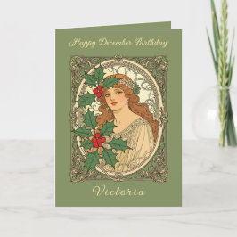 December Birthday Art Nouveau Holly Berries Kaart