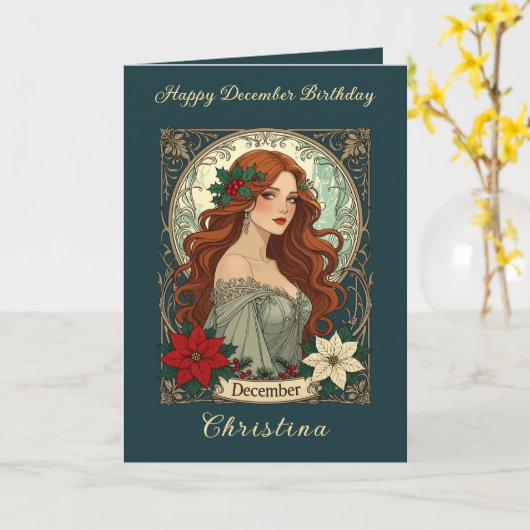 December Birthday Holly Berries And Poinsettia Kaart (Gele Bloem)