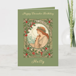 December Birthday Holly Berries Art Nouveau Kaart