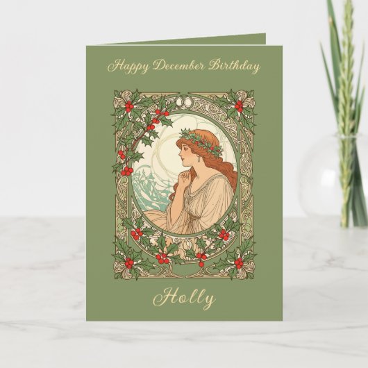 December Birthday Holly Berries Art Nouveau Kaart (Voorkant)