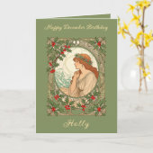 December Birthday Holly Berries Art Nouveau Kaart (Gele Bloem)