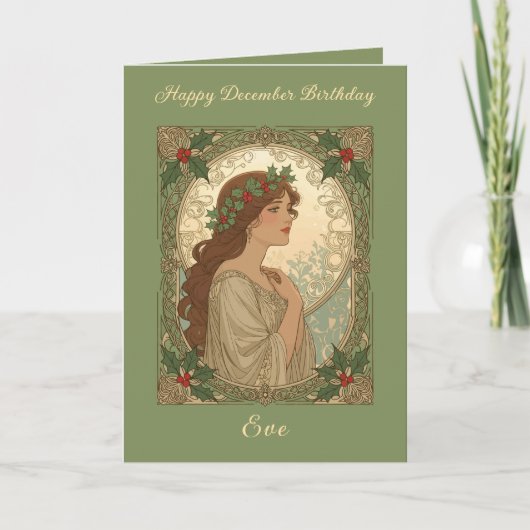 December Birthday Holly Berries Art Nouveau Style Kaart (Voorkant)