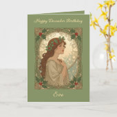 December Birthday Holly Berries Art Nouveau Style Kaart (Gele Bloem)